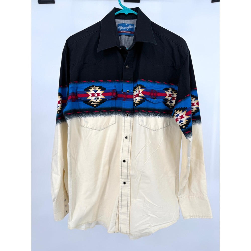 Wrangler Mens Western Shirt Aztec Tribal Pearl Snap‎ Front Black Cream Blue M
